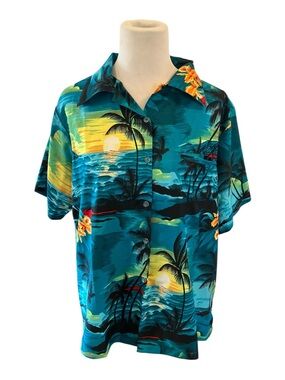 King Kameha Womens 2 XL Hawaiian Shirt Teal Sunset Print Button Front Side Slits